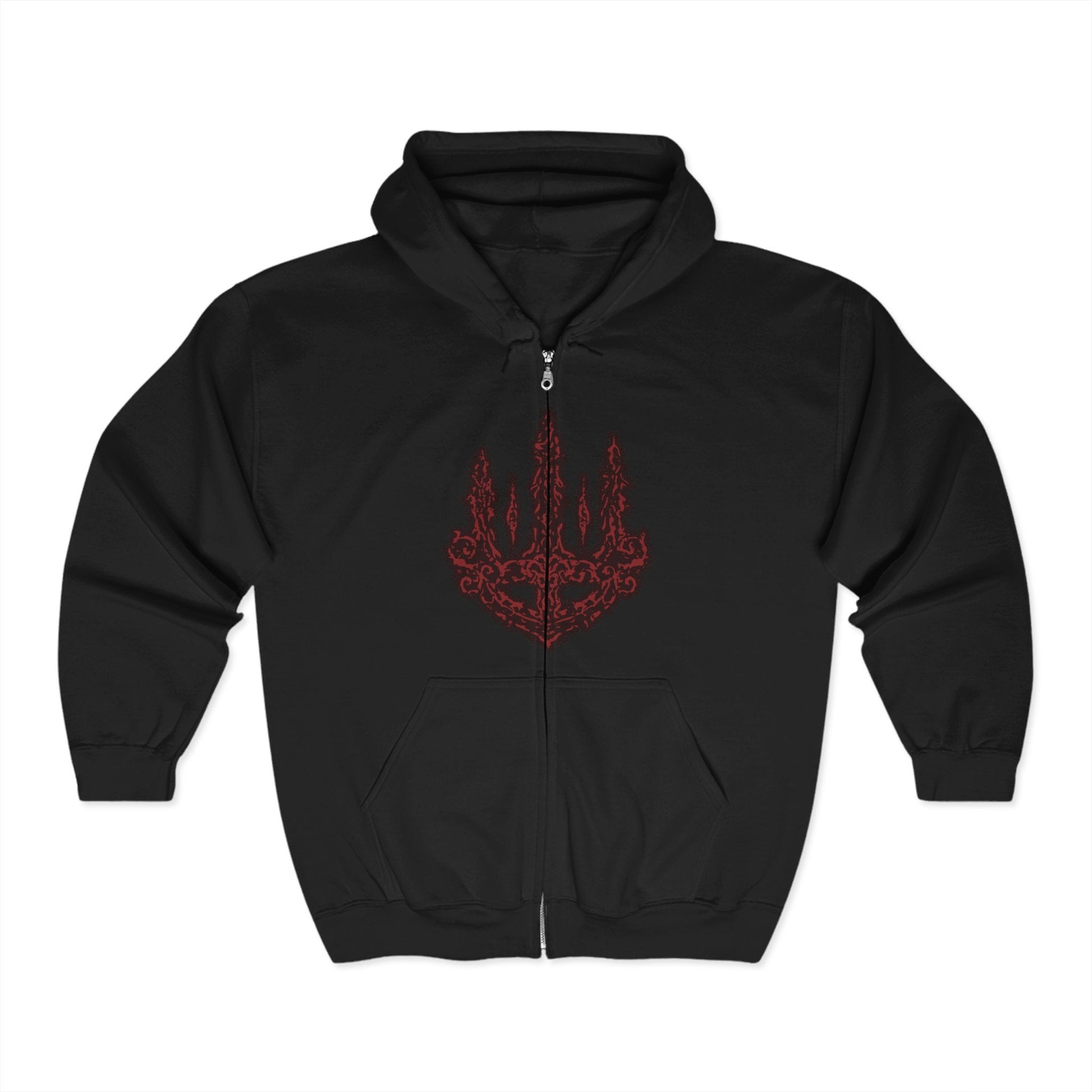 Image 3 of a S Zip-up Hooded Sweatshirt featuring Mohg, Lord of Blood from Elden Ring, the dark demigod who dwells deep beneath the Lands Between. Cloaked in crimson and wielding cursed blood magic, Mohg seeks to establish a dynasty with the dormant Miquella. This design captures his regal menace and the grotesque beauty of his blood-soaked ambition.