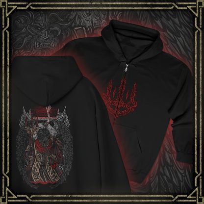 Thumbnail of a Zip-up Hooded Sweatshirt featuring Mohg, Lord of Blood from Elden Ring, the dark demigod who dwells deep beneath the Lands Between. Cloaked in crimson and wielding cursed blood magic, Mohg seeks to establish a dynasty with the dormant Miquella. This design captures his regal menace and the grotesque beauty of his blood-soaked ambition.