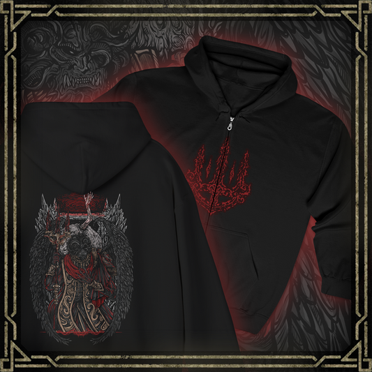 Thumbnail of a Zip-up Hooded Sweatshirt featuring Mohg, Lord of Blood from Elden Ring, the dark demigod who dwells deep beneath the Lands Between. Cloaked in crimson and wielding cursed blood magic, Mohg seeks to establish a dynasty with the dormant Miquella. This design captures his regal menace and the grotesque beauty of his blood-soaked ambition.