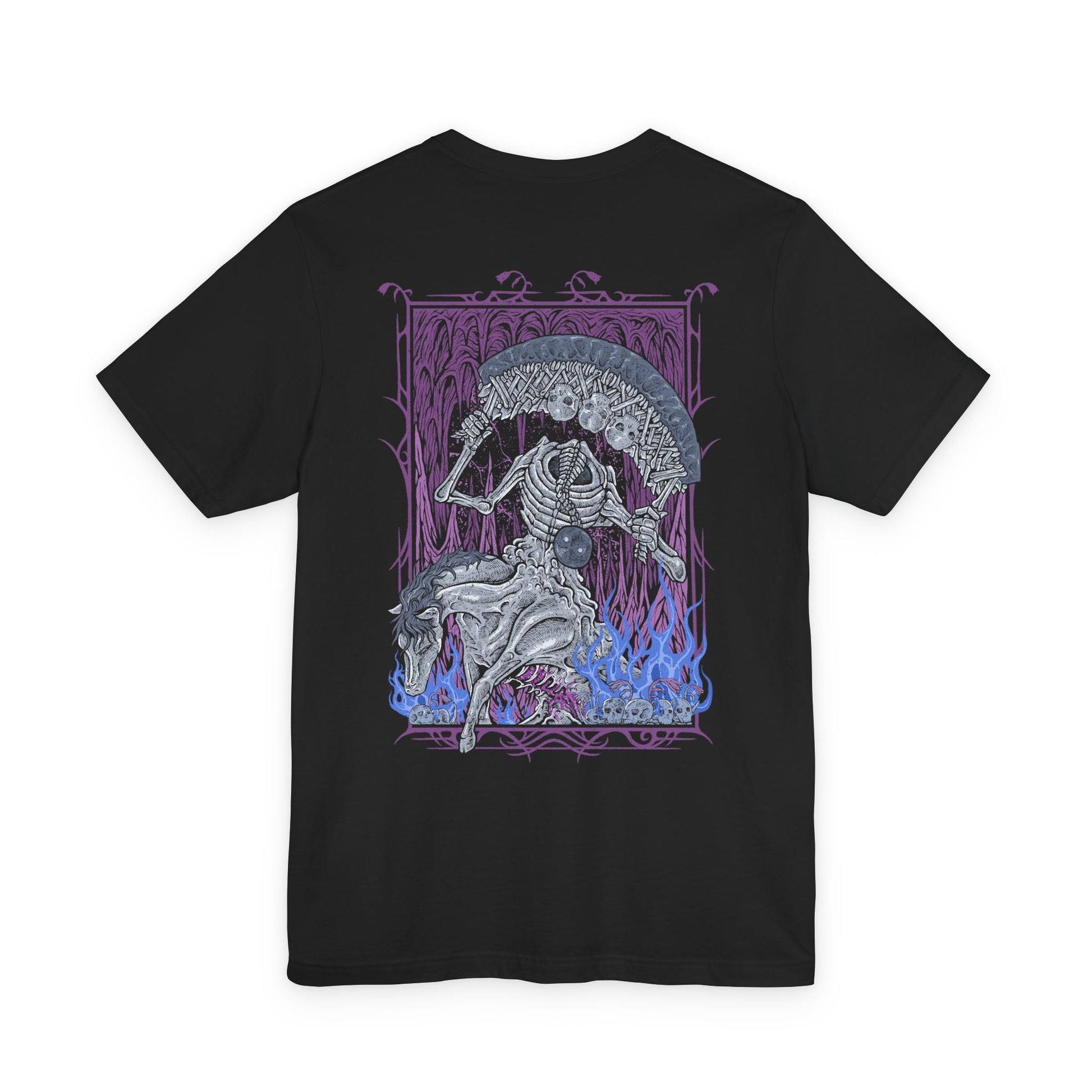 Image 5 of a T-shirt artwork depicting the Putrescent Knight emerging from a violet-hued dreamscape, its skeletal form stitched together by decay and lingering will. As the Guardian of St. Trina, it embodies the blurred boundary between death and sleep, standing watch over a power rejected by the Golden Order. The design emphasizes haunting motion, and the unsettling beauty of eternal rest.