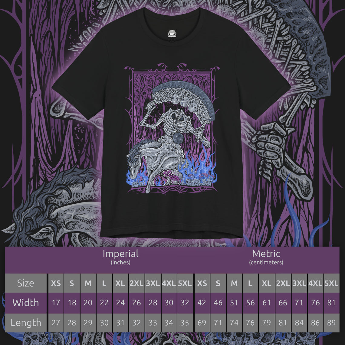 Size chart of a T-shirt artwork depicting the Putrescent Knight emerging from a violet-hued dreamscape, its skeletal form stitched together by decay and lingering will. As the Guardian of St. Trina, it embodies the blurred boundary between death and sleep, standing watch over a power rejected by the Golden Order. The design emphasizes haunting motion, and the unsettling beauty of eternal rest.