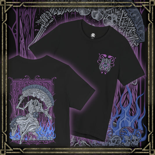 Thumbnail of a T-shirt artwork depicting the Putrescent Knight emerging from a violet-hued dreamscape, its skeletal form stitched together by decay and lingering will. As the Guardian of St. Trina, it embodies the blurred boundary between death and sleep, standing watch over a power rejected by the Golden Order. The design emphasizes haunting motion, and the unsettling beauty of eternal rest.