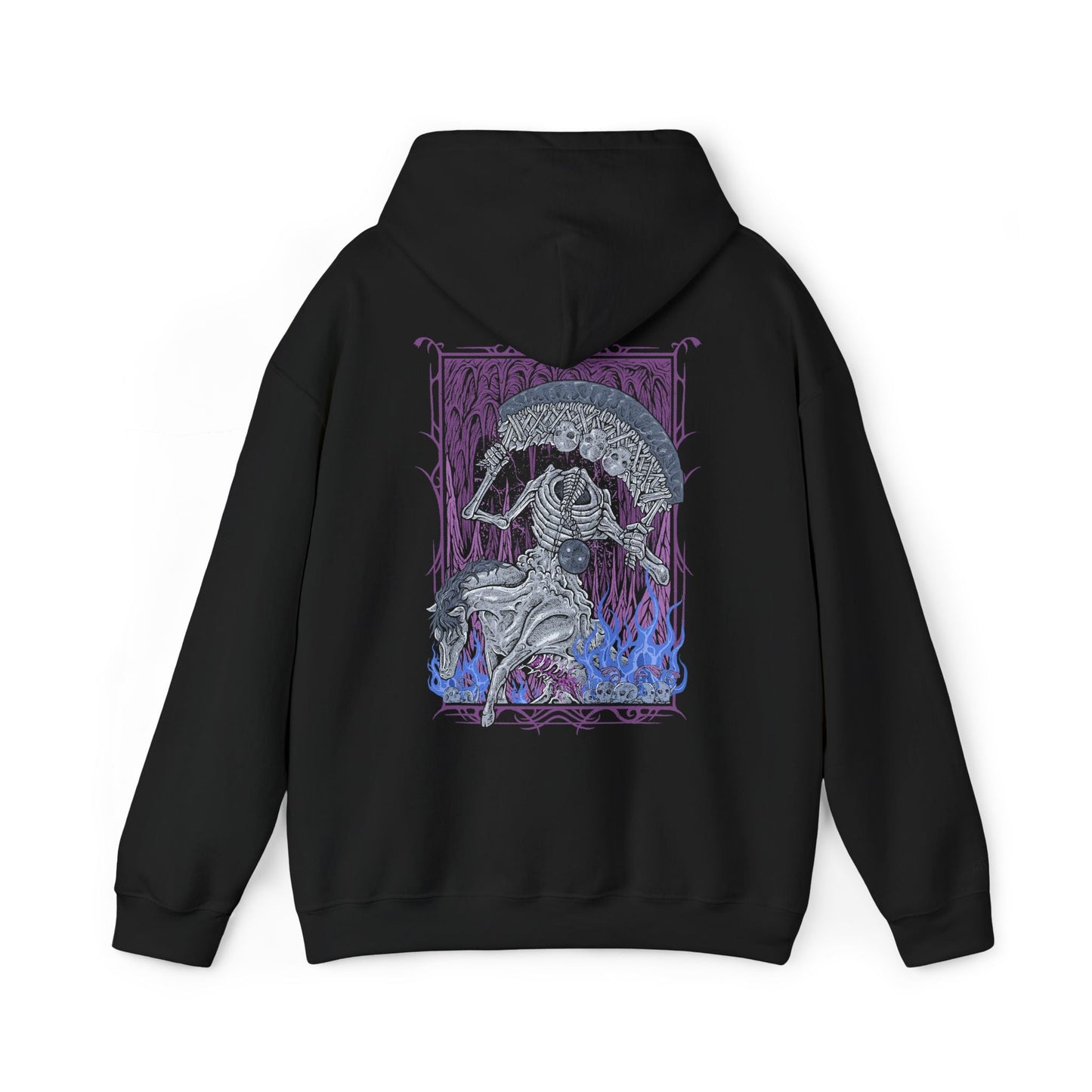 Image 5 of a Hooded Sweatshirt of the Putrescent Knight charging through a sea of ghostly mist, its malformed body reflecting centuries of rot and devotion. Bound to St. Trina’s dream-afflicted realm, the knight serves as both protector and executioner, ensuring no intruder awakens what should remain asleep. This design highlights themes of decay, loyalty, and the terrifying serenity of endless slumber.