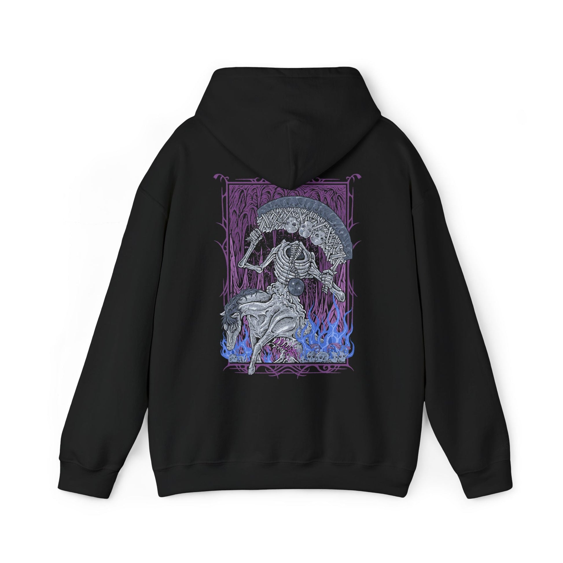 Image 5 of a Hooded Sweatshirt of the Putrescent Knight charging through a sea of ghostly mist, its malformed body reflecting centuries of rot and devotion. Bound to St. Trina’s dream-afflicted realm, the knight serves as both protector and executioner, ensuring no intruder awakens what should remain asleep. This design highlights themes of decay, loyalty, and the terrifying serenity of endless slumber.