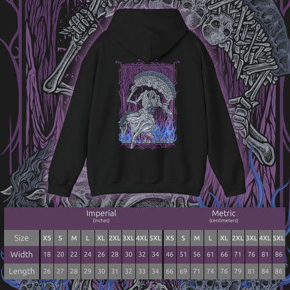 Size chart of a Hooded Sweatshirt of the Putrescent Knight charging through a sea of ghostly mist, its malformed body reflecting centuries of rot and devotion. Bound to St. Trina’s dream-afflicted realm, the knight serves as both protector and executioner, ensuring no intruder awakens what should remain asleep. This design highlights themes of decay, loyalty, and the terrifying serenity of endless slumber.