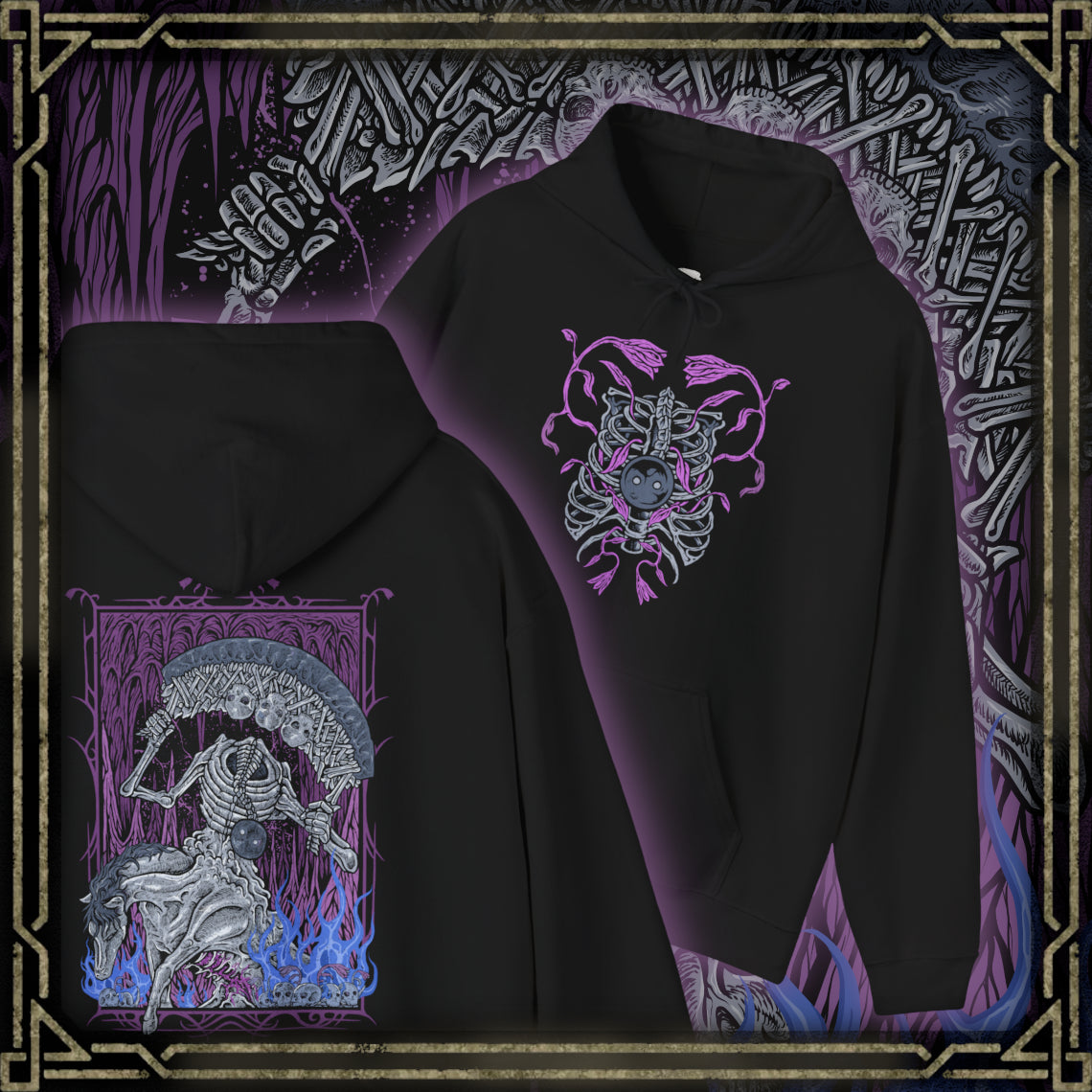 Thumbnail of a Hooded Sweatshirt of the Putrescent Knight charging through a sea of ghostly mist, its malformed body reflecting centuries of rot and devotion. Bound to St. Trina’s dream-afflicted realm, the knight serves as both protector and executioner, ensuring no intruder awakens what should remain asleep. This design highlights themes of decay, loyalty, and the terrifying serenity of endless slumber.
