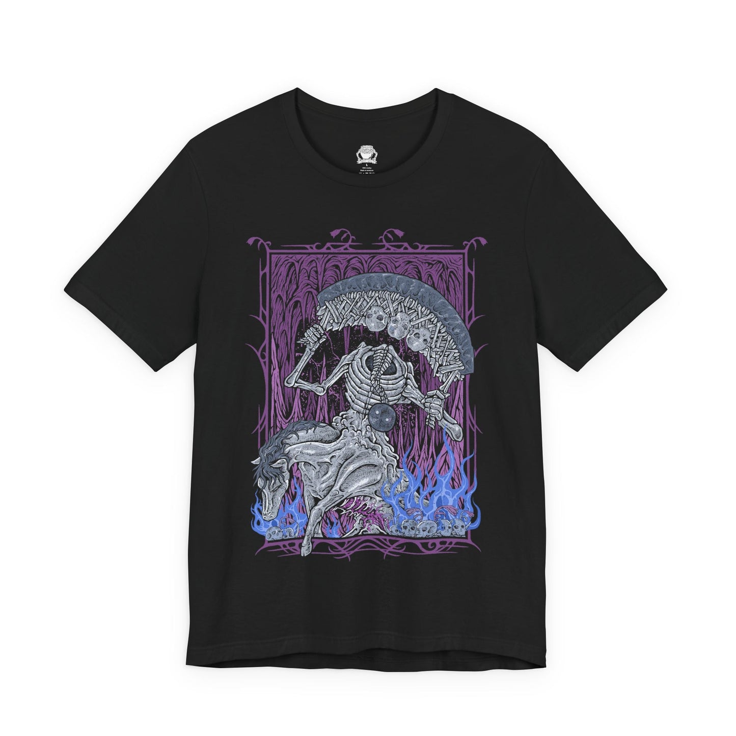Image 4 of a T-shirt design of the Putrescent Knight from Elden Ring, the grotesque guardian bound to St. Trina and the domain of eternal sleep. Formed from decaying flesh and pale bone, the knight rides across a dreamlike abyss, wielding corrupted blades that drip with rot and slumber. The design captures its role as a sentinel of forbidden dreams, protecting St. Trina’s hidden influence within the Lands Between.