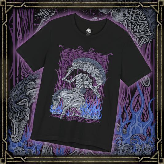 Thumbnail of a T-shirt design of the Putrescent Knight from Elden Ring, the grotesque guardian bound to St. Trina and the domain of eternal sleep. Formed from decaying flesh and pale bone, the knight rides across a dreamlike abyss, wielding corrupted blades that drip with rot and slumber. The design captures its role as a sentinel of forbidden dreams, protecting St. Trina’s hidden influence within the Lands Between.
