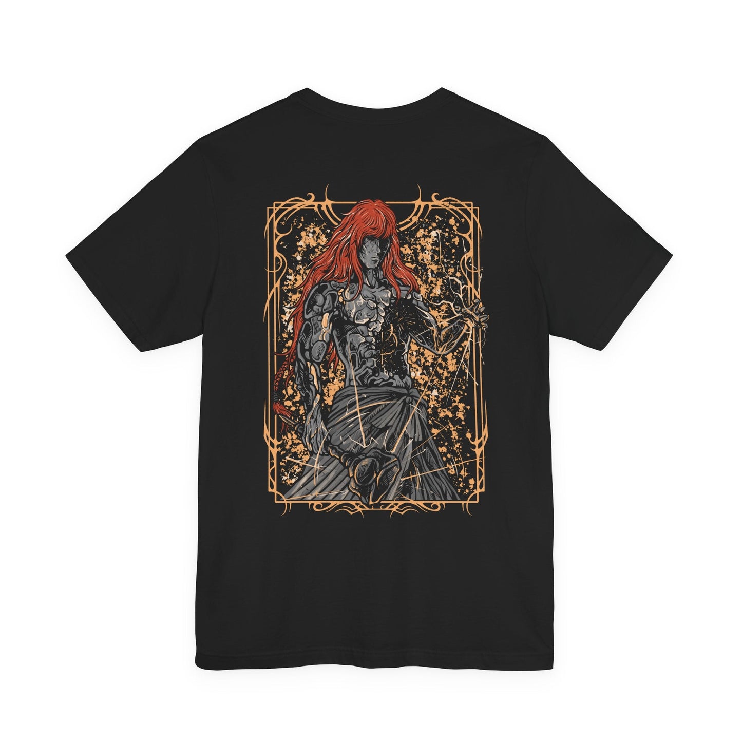 Image 5 of a Elden Ring T-shirt showcasing Radagon of the Golden Order, the red-haired champion bound by destiny to both Marika and the Erdtree. Once a valiant hero, now a divine vessel, Radagon represents the struggle between order and chaos. This artwork reflects his gleaming hammer, radiant aura, and the sorrow behind his divine purpose.