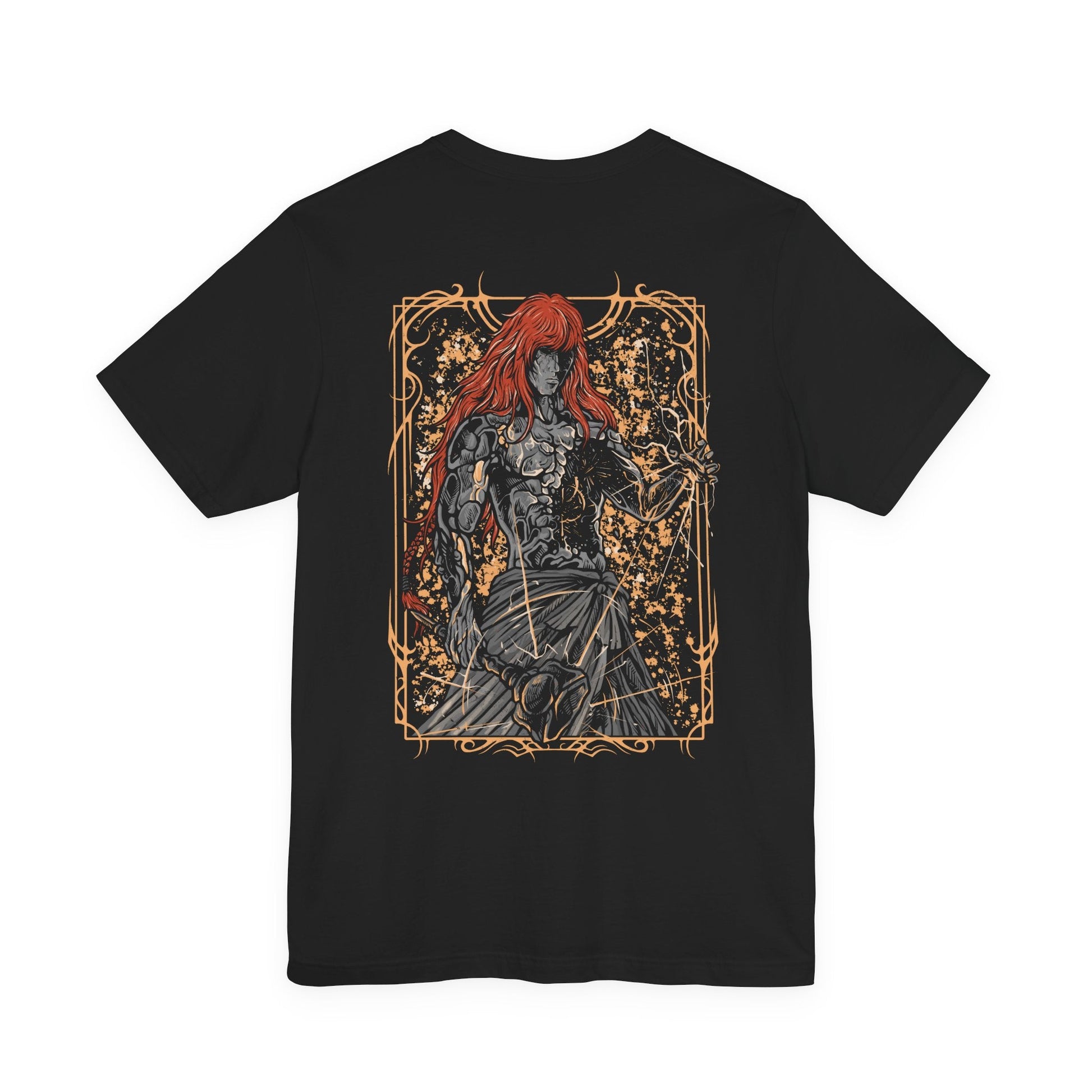 Image 5 of a Elden Ring T-shirt showcasing Radagon of the Golden Order, the red-haired champion bound by destiny to both Marika and the Erdtree. Once a valiant hero, now a divine vessel, Radagon represents the struggle between order and chaos. This artwork reflects his gleaming hammer, radiant aura, and the sorrow behind his divine purpose.