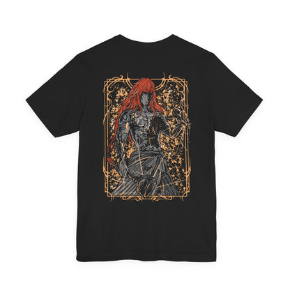 Image 5 of a Elden Ring T-shirt showcasing Radagon of the Golden Order, the red-haired champion bound by destiny to both Marika and the Erdtree. Once a valiant hero, now a divine vessel, Radagon represents the struggle between order and chaos. This artwork reflects his gleaming hammer, radiant aura, and the sorrow behind his divine purpose.