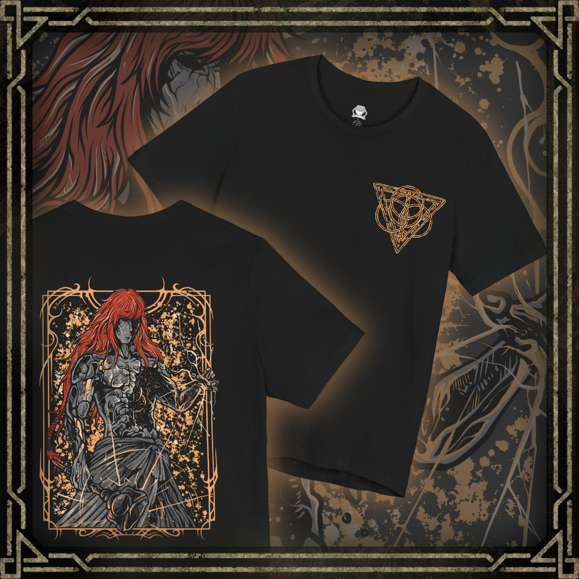 Thumbnail of a Elden Ring T-shirt showcasing Radagon of the Golden Order, the red-haired champion bound by destiny to both Marika and the Erdtree. Once a valiant hero, now a divine vessel, Radagon represents the struggle between order and chaos. This artwork reflects his gleaming hammer, radiant aura, and the sorrow behind his divine purpose.