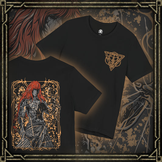 Thumbnail of a Elden Ring T-shirt showcasing Radagon of the Golden Order, the red-haired champion bound by destiny to both Marika and the Erdtree. Once a valiant hero, now a divine vessel, Radagon represents the struggle between order and chaos. This artwork reflects his gleaming hammer, radiant aura, and the sorrow behind his divine purpose.