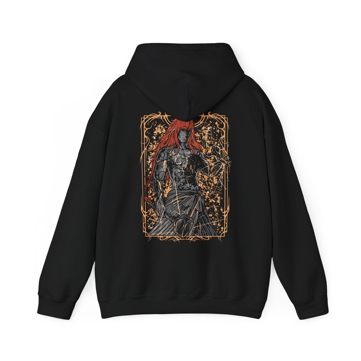 Image 5 of a Hooded Sweatshirt featuring Radagon of the Golden Order from Elden Ring, the mysterious figure whose soul is forever intertwined with Queen Marika’s. As the living embodiment of the Golden Order, he seeks perfection through divine law and sacrifice. This design honors his brilliant yet fractured nature—a god torn between devotion, duty, and the weight of eternity.