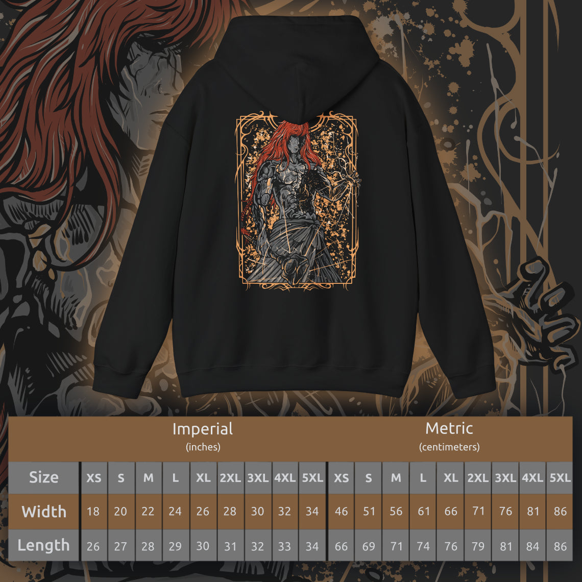 Size chart of a Hooded Sweatshirt featuring Radagon of the Golden Order from Elden Ring, the mysterious figure whose soul is forever intertwined with Queen Marika’s. As the living embodiment of the Golden Order, he seeks perfection through divine law and sacrifice. This design honors his brilliant yet fractured nature—a god torn between devotion, duty, and the weight of eternity.