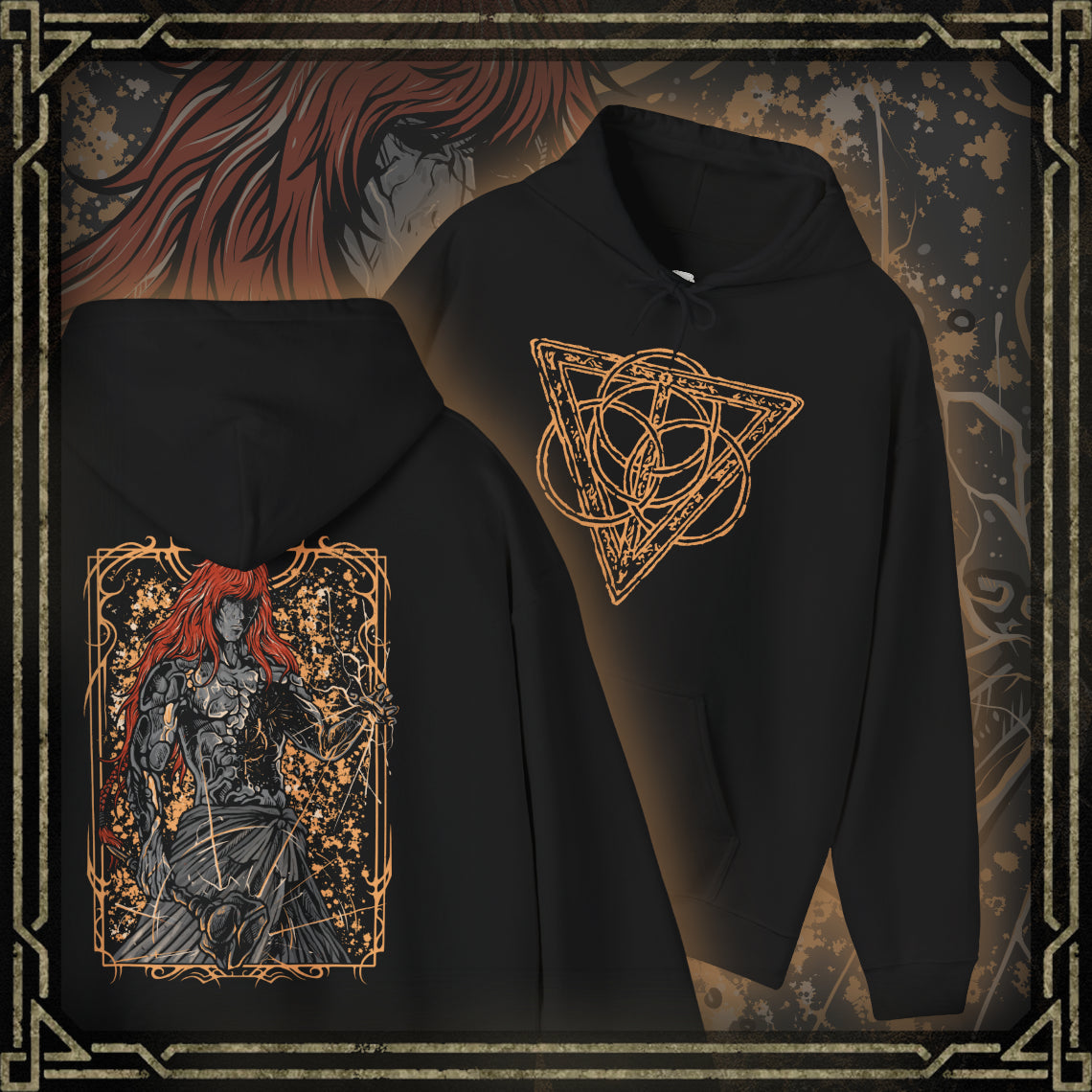 Thumbnail of a Hooded Sweatshirt featuring Radagon of the Golden Order from Elden Ring, the mysterious figure whose soul is forever intertwined with Queen Marika’s. As the living embodiment of the Golden Order, he seeks perfection through divine law and sacrifice. This design honors his brilliant yet fractured nature—a god torn between devotion, duty, and the weight of eternity.