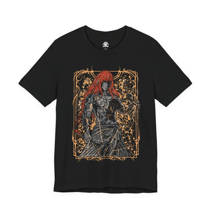 Image 4 of a T-shirt featuring Radagon of the Golden Order from Elden Ring, the divine champion and second Elden Lord. Both consort and counterpart to Queen Marika, Radagon embodies the perfection and tragedy of the Golden Order. This design captures his radiant red hair, golden rune magic, and divine form—symbolizing faith, conflict, and the duality of godhood and guilt.