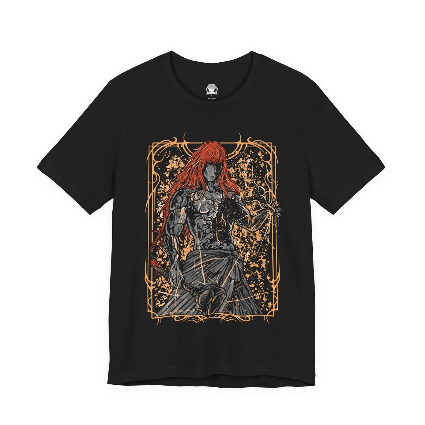 Image 5 of a T-shirt featuring Radagon of the Golden Order from Elden Ring, the divine champion and second Elden Lord. Both consort and counterpart to Queen Marika, Radagon embodies the perfection and tragedy of the Golden Order. This design captures his radiant red hair, golden rune magic, and divine form—symbolizing faith, conflict, and the duality of godhood and guilt.