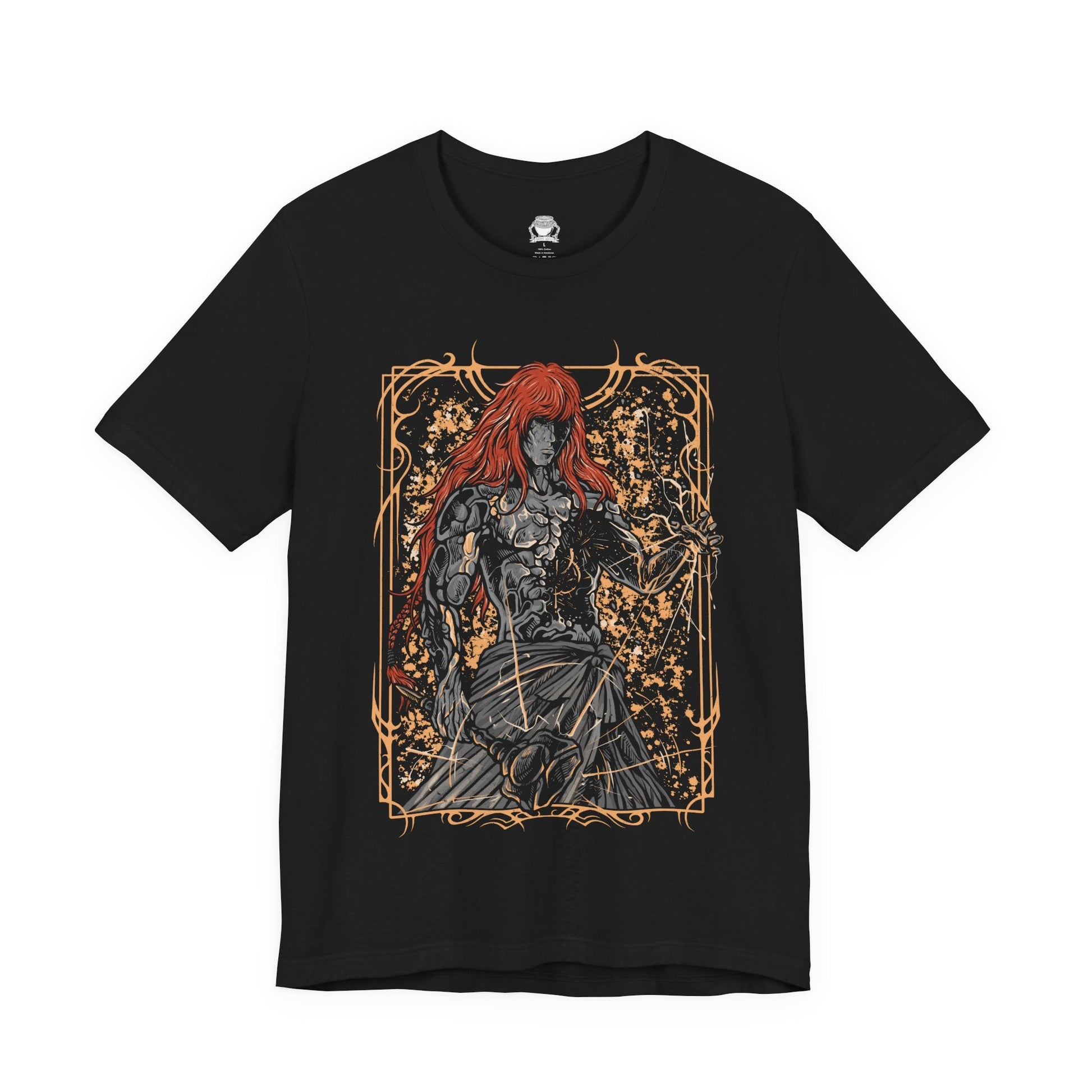 Image 5 of a T-shirt featuring Radagon of the Golden Order from Elden Ring, the divine champion and second Elden Lord. Both consort and counterpart to Queen Marika, Radagon embodies the perfection and tragedy of the Golden Order. This design captures his radiant red hair, golden rune magic, and divine form—symbolizing faith, conflict, and the duality of godhood and guilt.