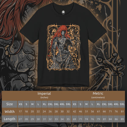 Size chart of a T-shirt featuring Radagon of the Golden Order from Elden Ring, the divine champion and second Elden Lord. Both consort and counterpart to Queen Marika, Radagon embodies the perfection and tragedy of the Golden Order. This design captures his radiant red hair, golden rune magic, and divine form—symbolizing faith, conflict, and the duality of godhood and guilt.