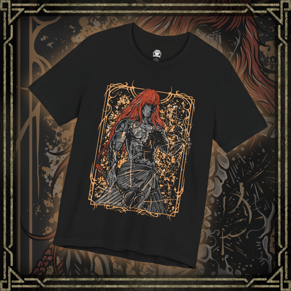Thumbnail of a T-shirt featuring Radagon of the Golden Order from Elden Ring, the divine champion and second Elden Lord. Both consort and counterpart to Queen Marika, Radagon embodies the perfection and tragedy of the Golden Order. This design captures his radiant red hair, golden rune magic, and divine form—symbolizing faith, conflict, and the duality of godhood and guilt.