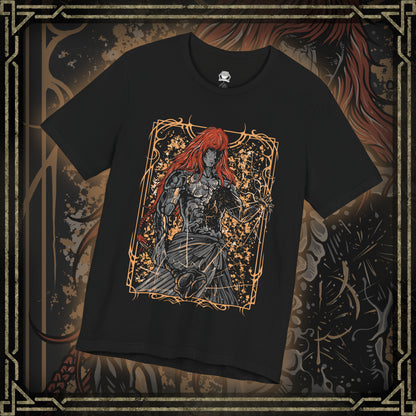 Thumbnail of a T-shirt featuring Radagon of the Golden Order from Elden Ring, the divine champion and second Elden Lord. Both consort and counterpart to Queen Marika, Radagon embodies the perfection and tragedy of the Golden Order. This design captures his radiant red hair, golden rune magic, and divine form—symbolizing faith, conflict, and the duality of godhood and guilt.