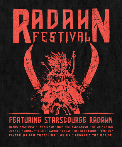 Artwork of Elden Ring Radahn Festival. The Radahn Festival is a grand event in Elden Ring, held in Redmane Castle to honor General Radahn, the Starscourge. After succumbing to Scarlet Rot, Radahn became a mindless beast roaming Caelid. Warriors from across the Lands Between gather to face him in glorious combat, granting him an honorable death. The festival is both a celebration and a tragic farewell to a once-great warlord.