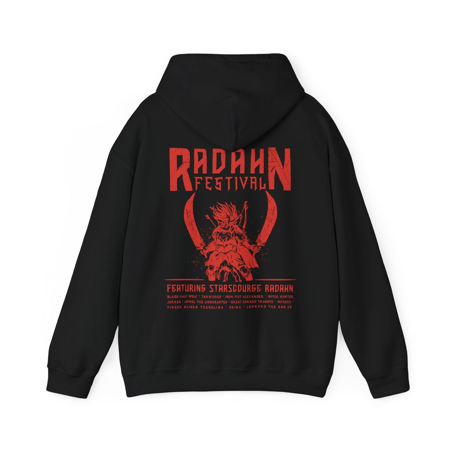 Image 4 of a Hooded Sweatshirt featuring the iconic Radahn Festival from Elden Ring in a rock concert style, celebrating General Radahn’s legendary showdown with fierce warriors, perfect for fans who love the epic scale and energy of this unforgettable battle in the Lands Between.