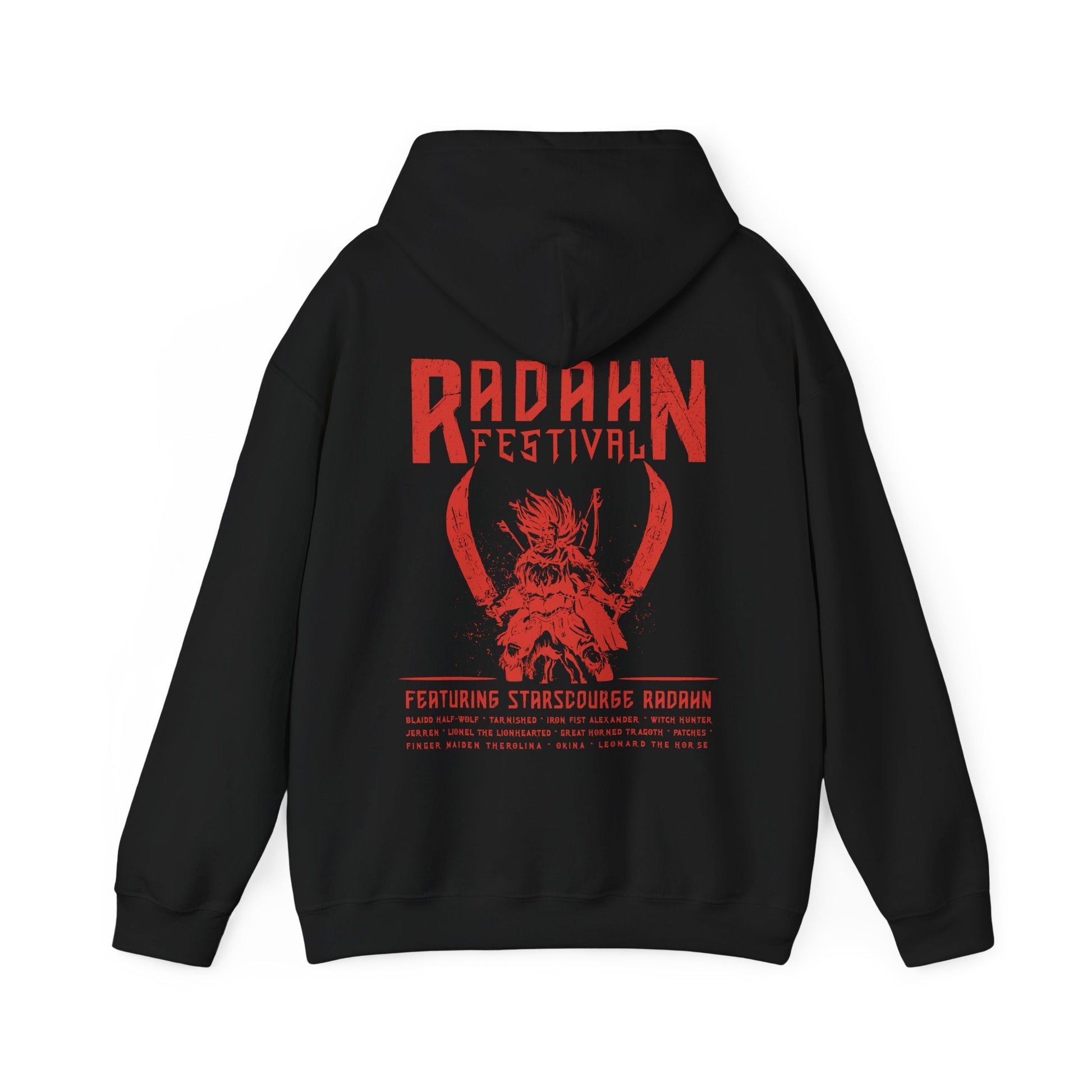 Image 4 of a Hooded Sweatshirt featuring the iconic Radahn Festival from Elden Ring in a rock concert style, celebrating General Radahn’s legendary showdown with fierce warriors, perfect for fans who love the epic scale and energy of this unforgettable battle in the Lands Between.