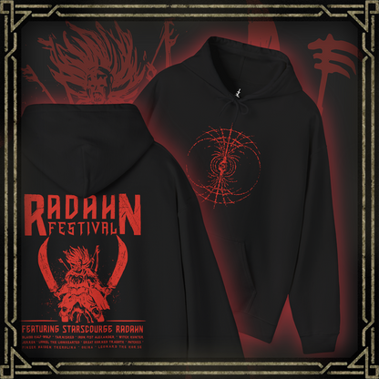Thumbnail of a Hooded Sweatshirt featuring the iconic Radahn Festival from Elden Ring in a rock concert style, celebrating General Radahn’s legendary showdown with fierce warriors, perfect for fans who love the epic scale and energy of this unforgettable battle in the Lands Between.