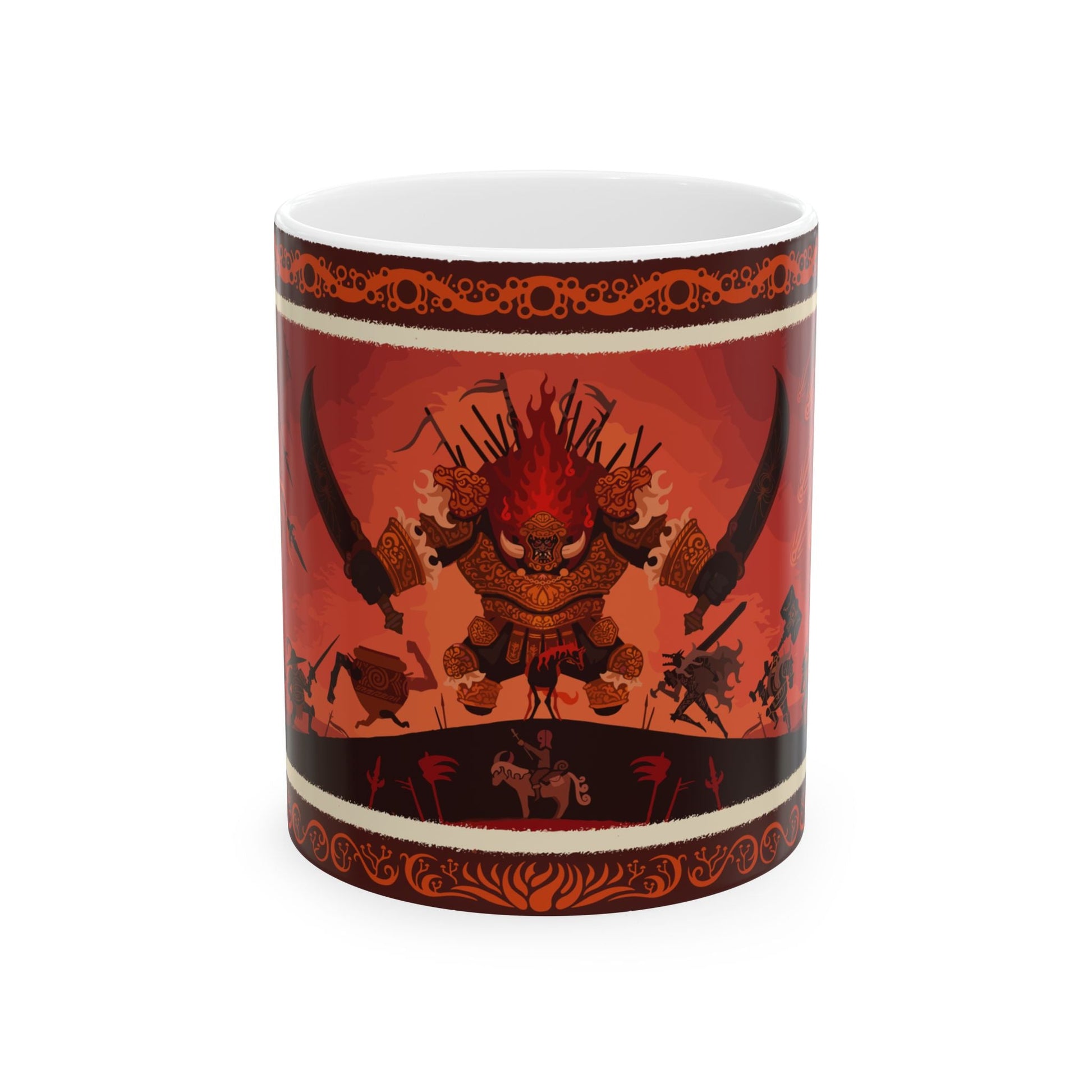 Image number 3 of a 11oz Mug featuring the Radahn Festival from Elden Ring, capturing the grandeur and chaos of the legendary event held in honor of General Radahn. The design showcases the massive scale of the festival, with warriors clashing under a blood-red sky, paying tribute to Radahn’s immense strength and his tragic fall. Perfect for fans who celebrate the fierce spectacle and the epic legacy of one of the greatest heroes of the Lands Between.