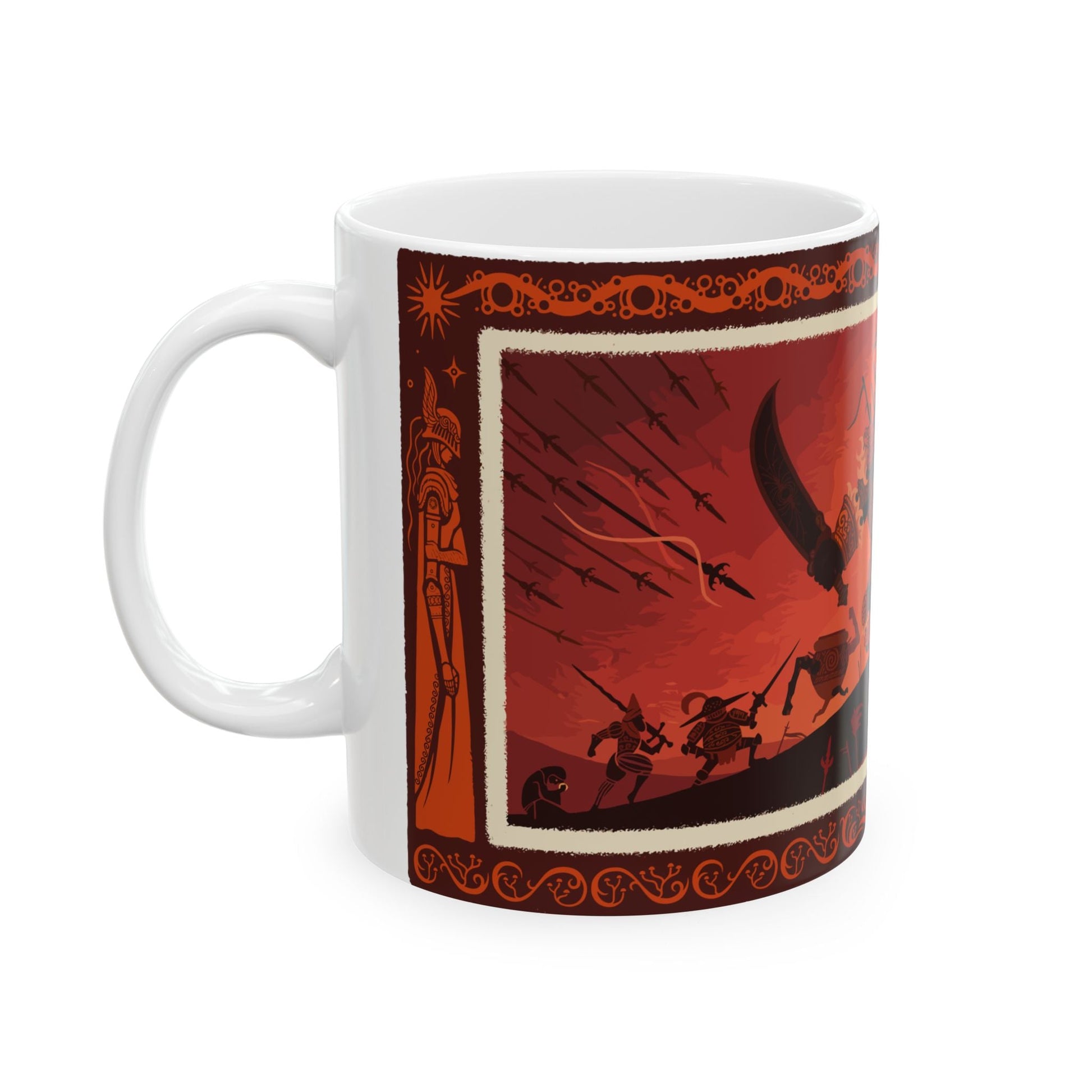 Image number 4 of a Mug featuring the Radahn Festival from Elden Ring, capturing the grandeur and chaos of the legendary event held in honor of General Radahn. The design showcases the massive scale of the festival, with warriors clashing under a blood-red sky, paying tribute to Radahn’s immense strength and his tragic fall. Perfect for fans who celebrate the fierce spectacle and the epic legacy of one of the greatest heroes of the Lands Between.