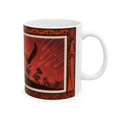 Image number 5 of a Mug featuring the Radahn Festival from Elden Ring, capturing the grandeur and chaos of the legendary event held in honor of General Radahn. The design showcases the massive scale of the festival, with warriors clashing under a blood-red sky, paying tribute to Radahn’s immense strength and his tragic fall. Perfect for fans who celebrate the fierce spectacle and the epic legacy of one of the greatest heroes of the Lands Between.