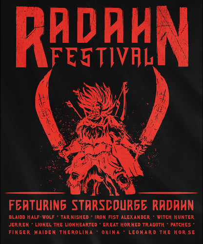 Design used for a T-shirt featuring the iconic Radahn Festival from Elden Ring in a rock concert style, celebrating General Radahn’s legendary showdown with fierce warriors, perfect for fans who love the epic scale and energy of this unforgettable battle in the Lands Between.