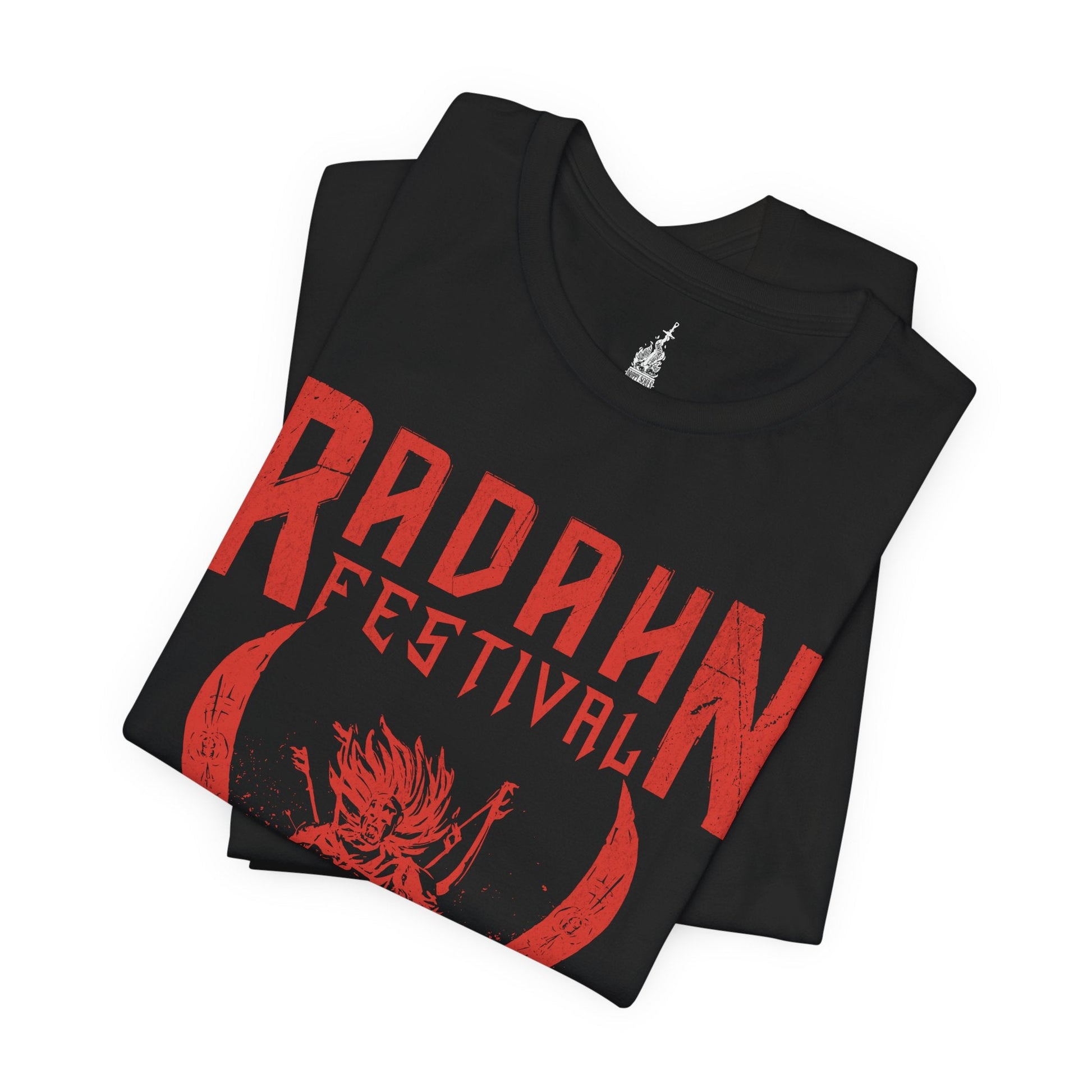 Folded T-shirt featuring the iconic Radahn Festival from Elden Ring in a rock concert style, celebrating General Radahn’s legendary showdown with fierce warriors, perfect for fans who love the epic scale and energy of this unforgettable battle in the Lands Between.