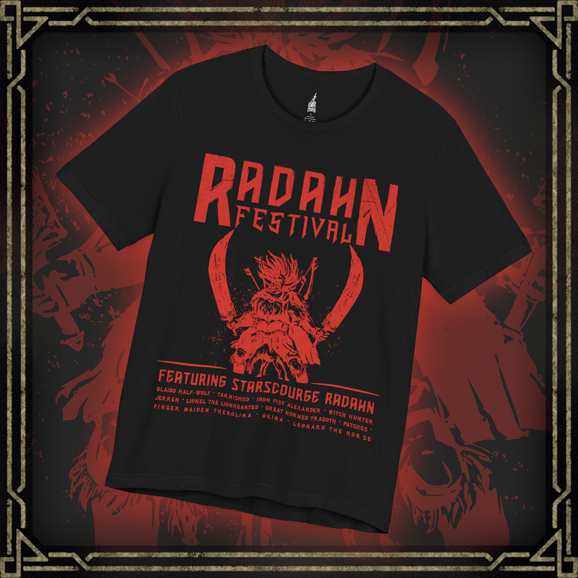 Thumbnail of a T-shirt featuring the iconic Radahn Festival from Elden Ring in a rock concert style, celebrating General Radahn’s legendary showdown with fierce warriors, perfect for fans who love the epic scale and energy of this unforgettable battle in the Lands Between.