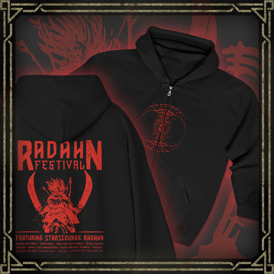 Thumbnail of a Zip-up Hooded Sweatshirt featuring the Radahn Festival from Elden Ring, the legendary gathering where warriors from across the Lands Between unite to challenge General Radahn, the Starscourge. Held in the ruins of Redmane Castle, the festival celebrates bravery, madness, and cosmic tragedy. This design captures the grandeur of the event—heroes charging beneath the scarlet skies of Caelid to face the demigod astride his spectral steed, Leonard.