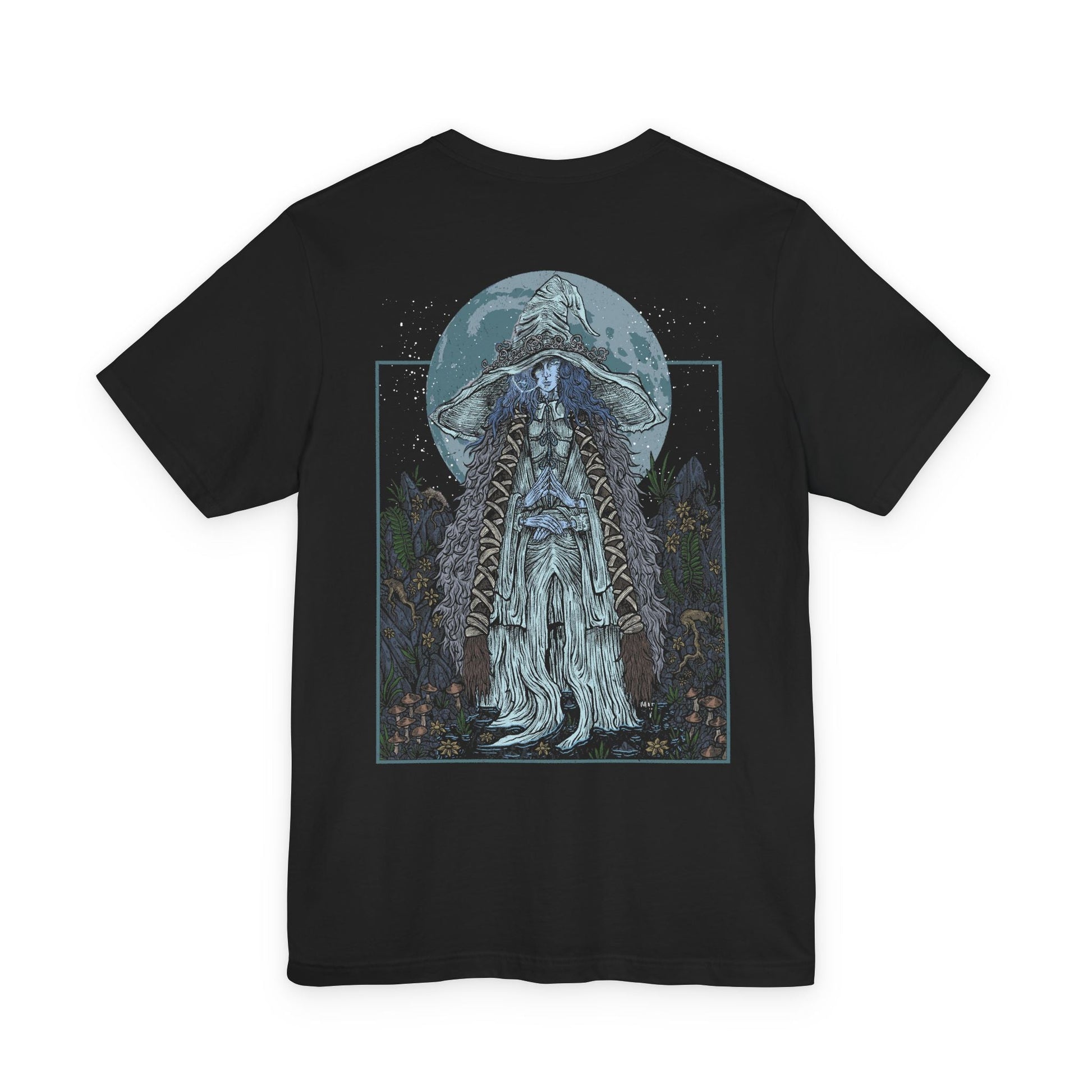Image 5 of a T-shirt design of Ranni the Witch from Elden Ring, the mysterious Lunar Princess who rejected the Greater Will and cast aside her mortal body. Bathed in cold moonlight, Ranni’s spectral blue form stands beneath the stars as snow and arcane sigils drift through the night. The design captures her quiet defiance, cosmic destiny, and the path toward the Age of Stars.
