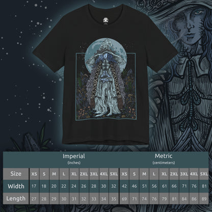 Size chart of a T-shirt design of Ranni the Witch from Elden Ring, the mysterious Lunar Princess who rejected the Greater Will and cast aside her mortal body. Bathed in cold moonlight, Ranni’s spectral blue form stands beneath the stars as snow and arcane sigils drift through the night. The design captures her quiet defiance, cosmic destiny, and the path toward the Age of Stars.