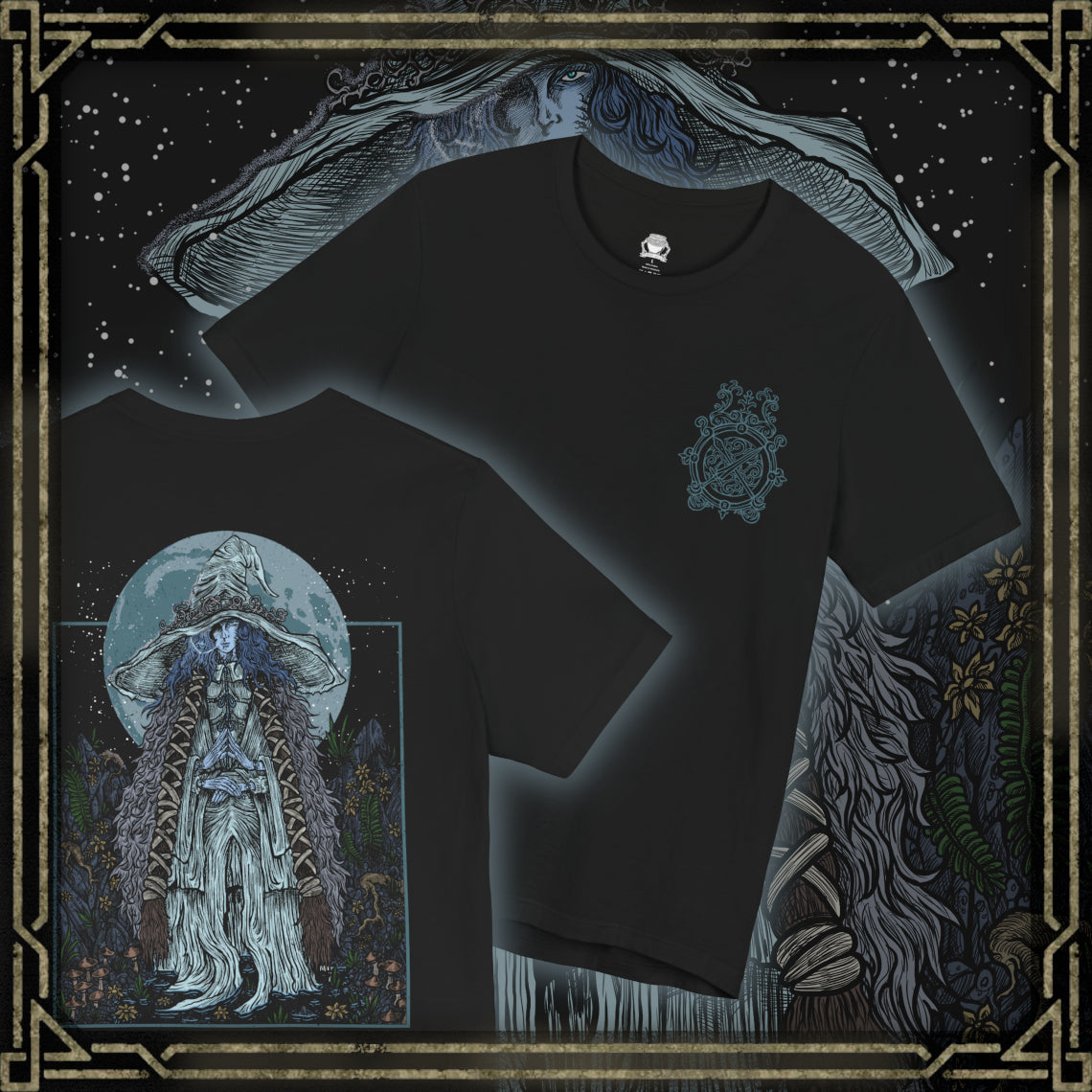 Thumbnail of a T-shirt design of Ranni the Witch from Elden Ring, the mysterious Lunar Princess who rejected the Greater Will and cast aside her mortal body. Bathed in cold moonlight, Ranni’s spectral blue form stands beneath the stars as snow and arcane sigils drift through the night. The design captures her quiet defiance, cosmic destiny, and the path toward the Age of Stars.