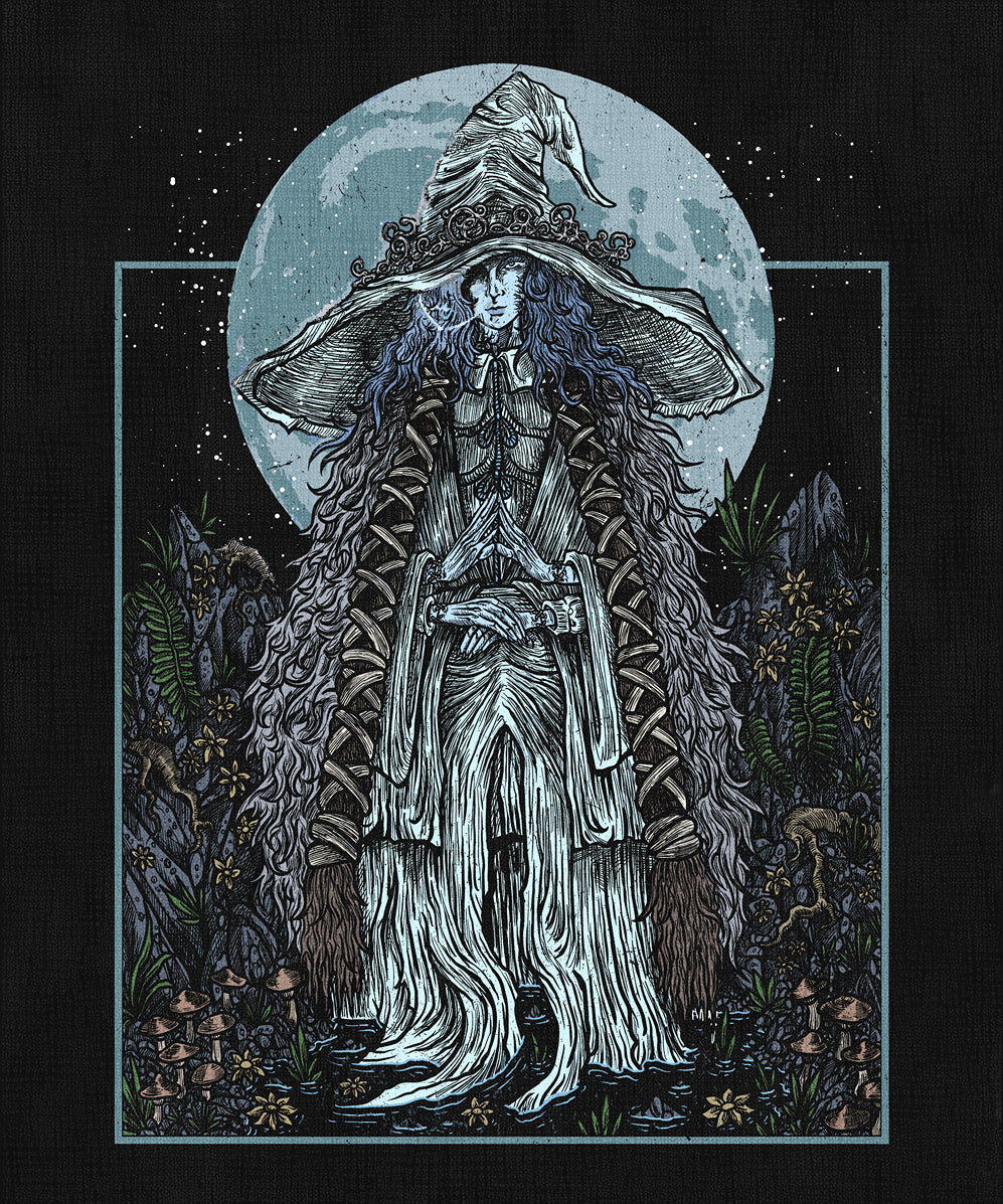 Concept Art of Elden Ring Ranni the Witch Grim. In Elden Ring, Ranni the Witch is a powerful demigod who seeks to break free from the influence of the Greater Will. By discarding her flesh and embracing a doll form, she forges her own destiny. Ranni plays a central role in the Age of Stars, a cosmic path beyond the Erdtree’s rule.