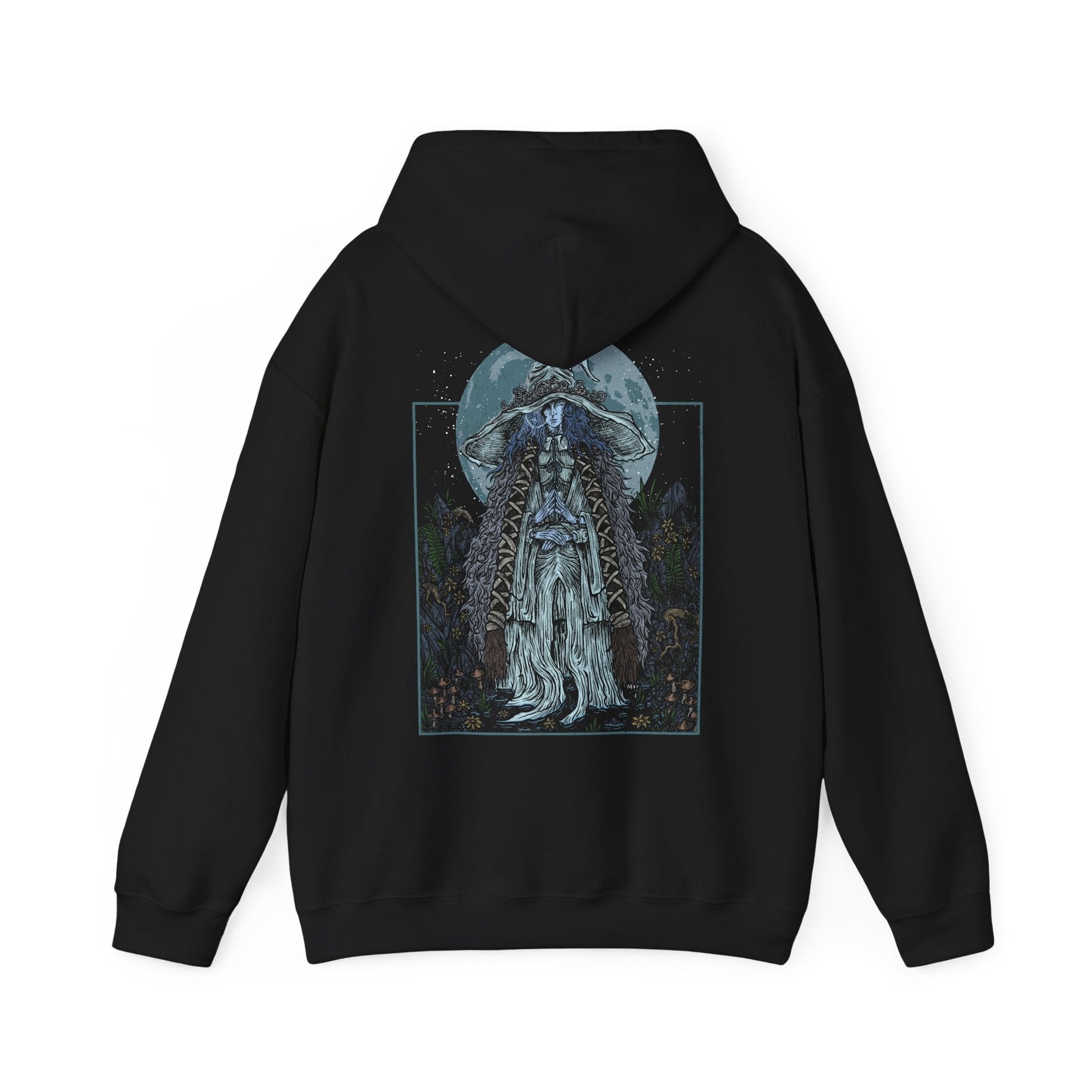 Image 5 of a Hooded Sweatshirt showcasing Ranni the Witch from Elden Ring, the enigmatic sorceress who severed her Great Rune and turned her back on the Golden Order. Known for her spectral four-armed doll form and piercing cold gaze, Ranni commands a fate written in moonlight. Her journey intertwines deeply with death, betrayal, and the Age of Stars ending, making her one of the most beloved and pivotal characters in the Lands Between.