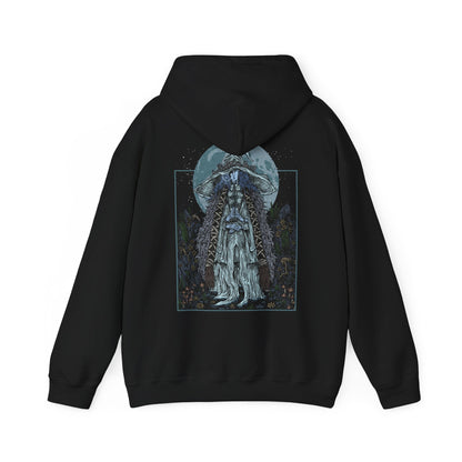 Image 5 of a Hooded Sweatshirt showcasing Ranni the Witch from Elden Ring, the enigmatic sorceress who severed her Great Rune and turned her back on the Golden Order. Known for her spectral four-armed doll form and piercing cold gaze, Ranni commands a fate written in moonlight. Her journey intertwines deeply with death, betrayal, and the Age of Stars ending, making her one of the most beloved and pivotal characters in the Lands Between.