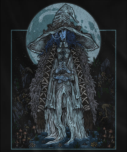 Design used for a Hooded Sweatshirt featuring Ranni the Witch from Elden Ring in a grim design, capturing her mysterious, ethereal presence and connection to the moon, perfect for fans who are drawn to her dark allure and complex questline in the Lands Between.