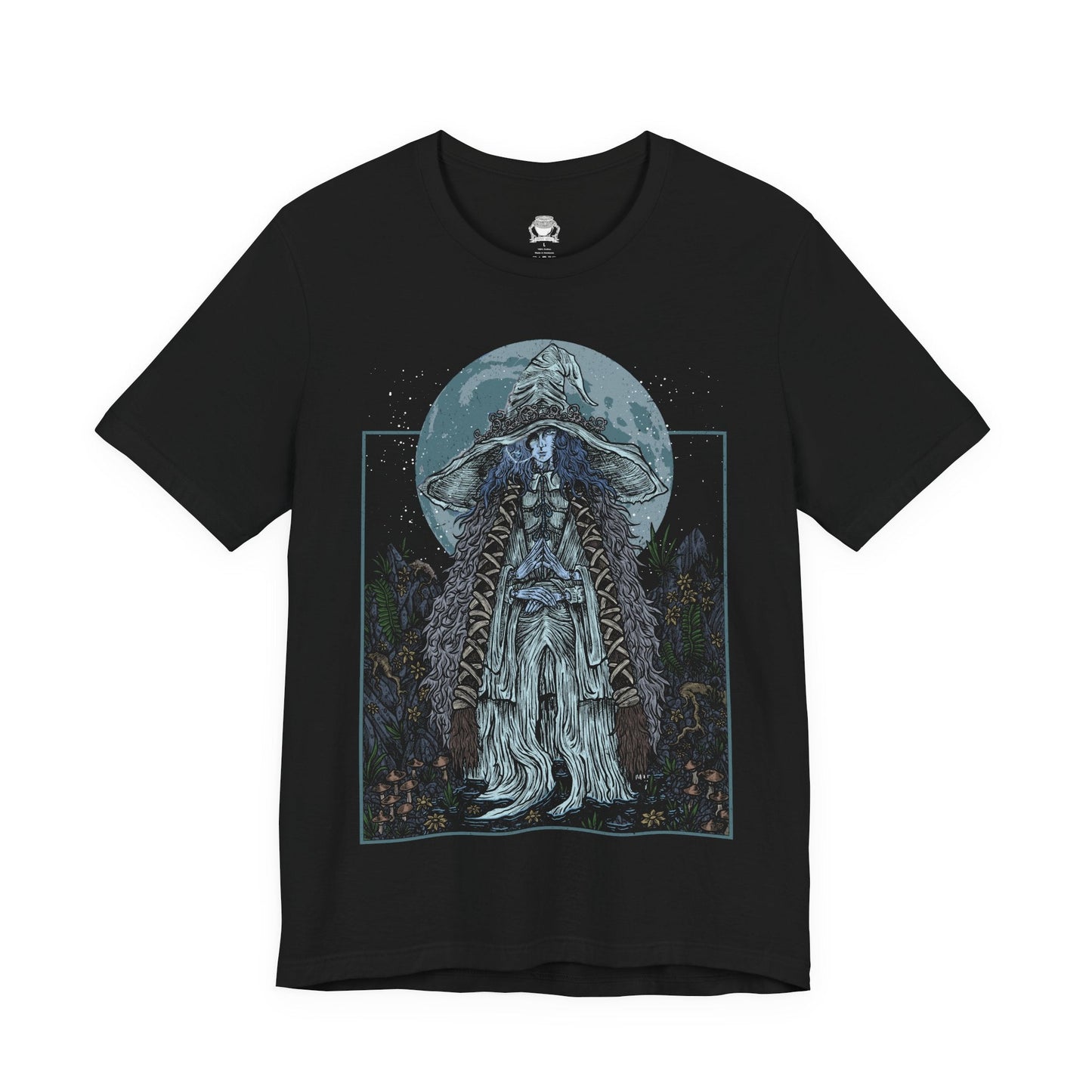 Image 4 of a T-shirt featuring Ranni the Witch from Elden Ring, the mysterious Lunar Princess and Empyrean who defied the Greater Will. Draped in a flowing blue cloak and crowned with her wide-brimmed witch’s hat, Ranni embodies quiet rebellion and arcane mystery. With her ethereal doll form and ties to the stars, she offers one of the game’s most profound and emotional questlines, symbolizing fate, sacrifice, and cosmic ambition.