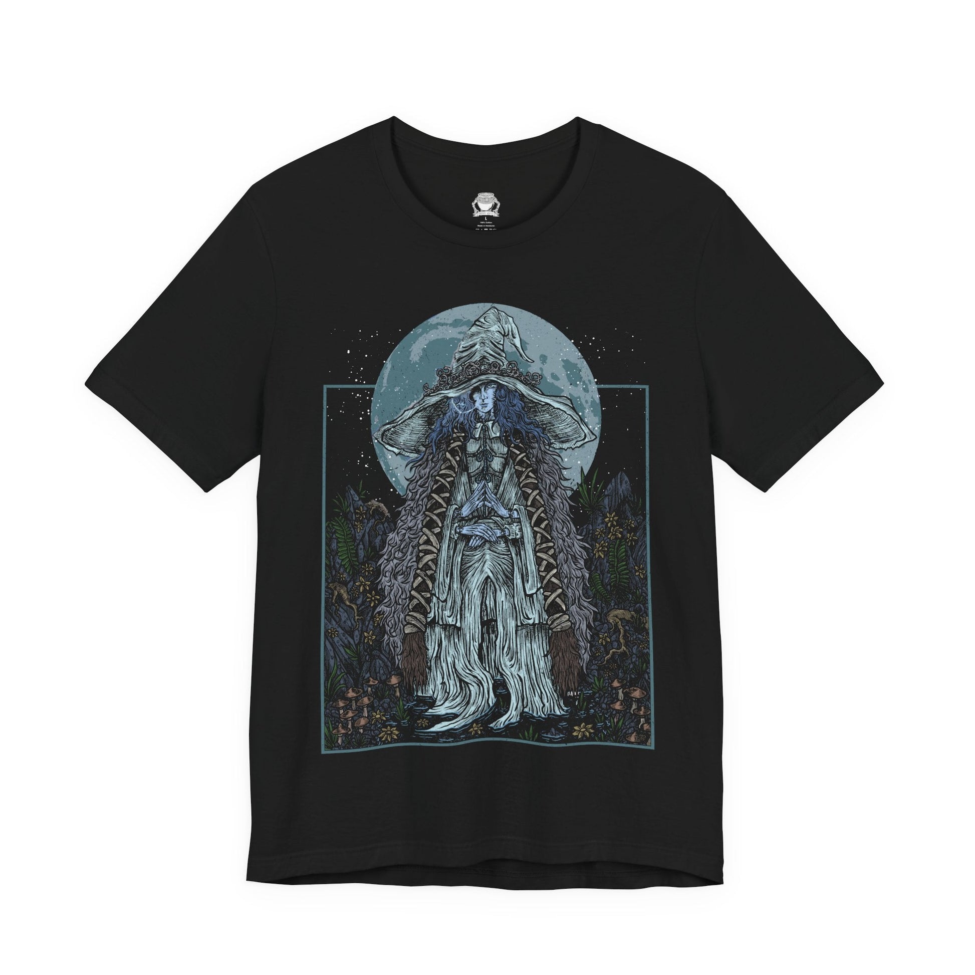 Image 4 of a T-shirt featuring Ranni the Witch from Elden Ring, the mysterious Lunar Princess and Empyrean who defied the Greater Will. Draped in a flowing blue cloak and crowned with her wide-brimmed witch’s hat, Ranni embodies quiet rebellion and arcane mystery. With her ethereal doll form and ties to the stars, she offers one of the game’s most profound and emotional questlines, symbolizing fate, sacrifice, and cosmic ambition.