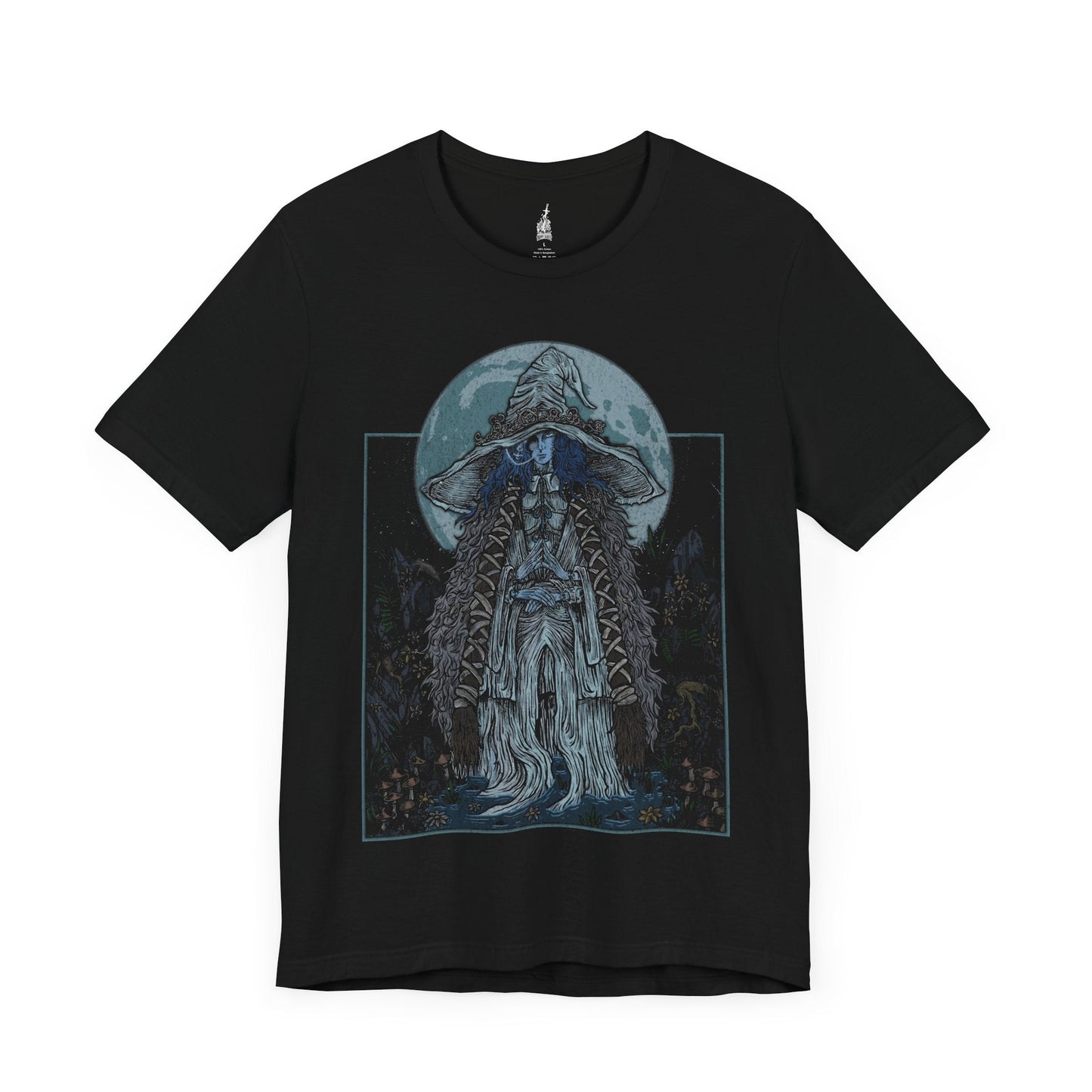 Image number 3 of a Black T-shirt featuring Ranni the Witch from Elden Ring in a grim design, capturing her mysterious, ethereal presence and connection to the moon, perfect for fans who are drawn to her dark allure and complex questline in the Lands Between.