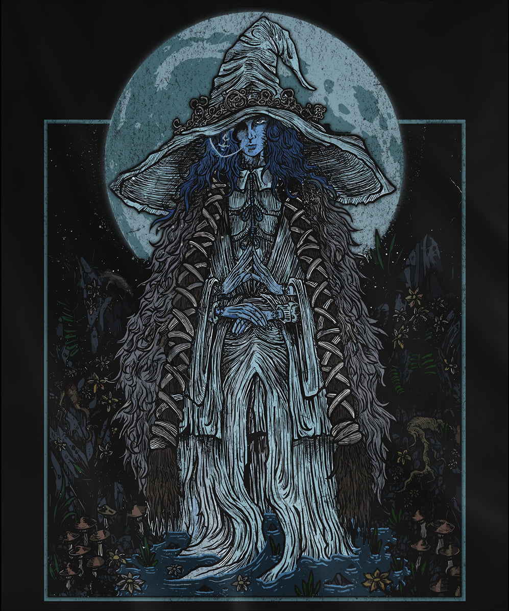 Design used for a T-shirt featuring Ranni the Witch from Elden Ring in a grim design, capturing her mysterious, ethereal presence and connection to the moon, perfect for fans who are drawn to her dark allure and complex questline in the Lands Between.