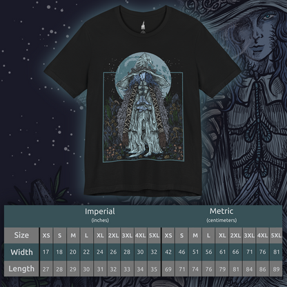 Size chart of a T-shirt featuring Ranni the Witch from Elden Ring, the mysterious Lunar Princess and Empyrean who defied the Greater Will. Draped in a flowing blue cloak and crowned with her wide-brimmed witch’s hat, Ranni embodies quiet rebellion and arcane mystery. With her ethereal doll form and ties to the stars, she offers one of the game’s most profound and emotional questlines, symbolizing fate, sacrifice, and cosmic ambition.