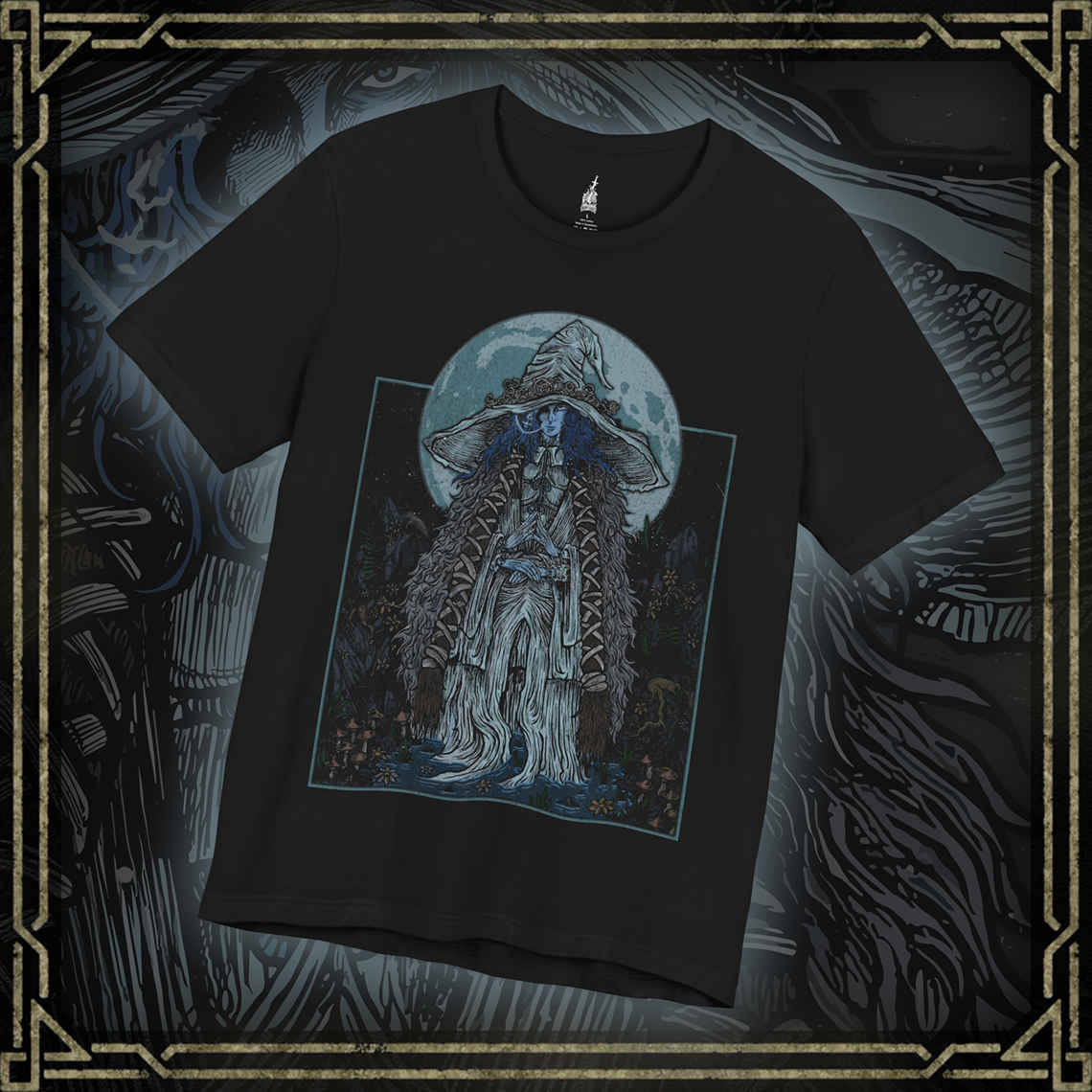 Thumbnail of a T-shirt featuring Ranni the Witch from Elden Ring in a grim design, capturing her mysterious, ethereal presence and connection to the moon, perfect for fans who are drawn to her dark allure and complex questline in the Lands Between.